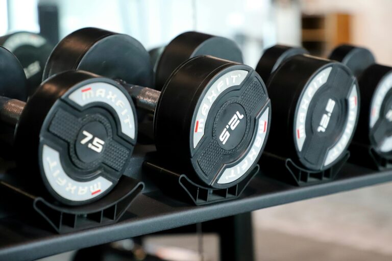 High-quality image of various dumbbells neatly arranged on a rack in a contemporary gym setting.